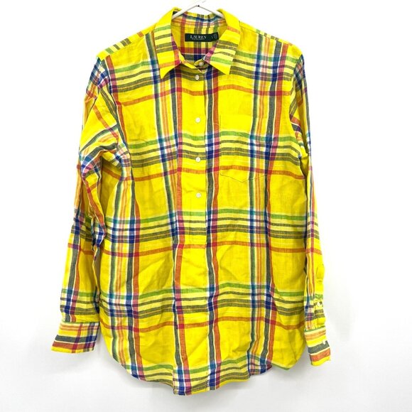 Lauren Ralph Lauren Tops - Lauren Ralph Lauren 100% Linen Yellow Plaid Low High Button Down Shirt Women L